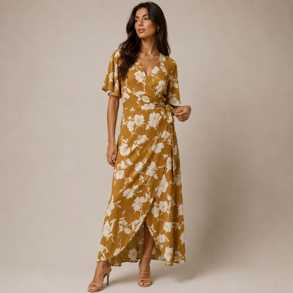Mustard Floral Wrap Maxi Dress with Tie Waist